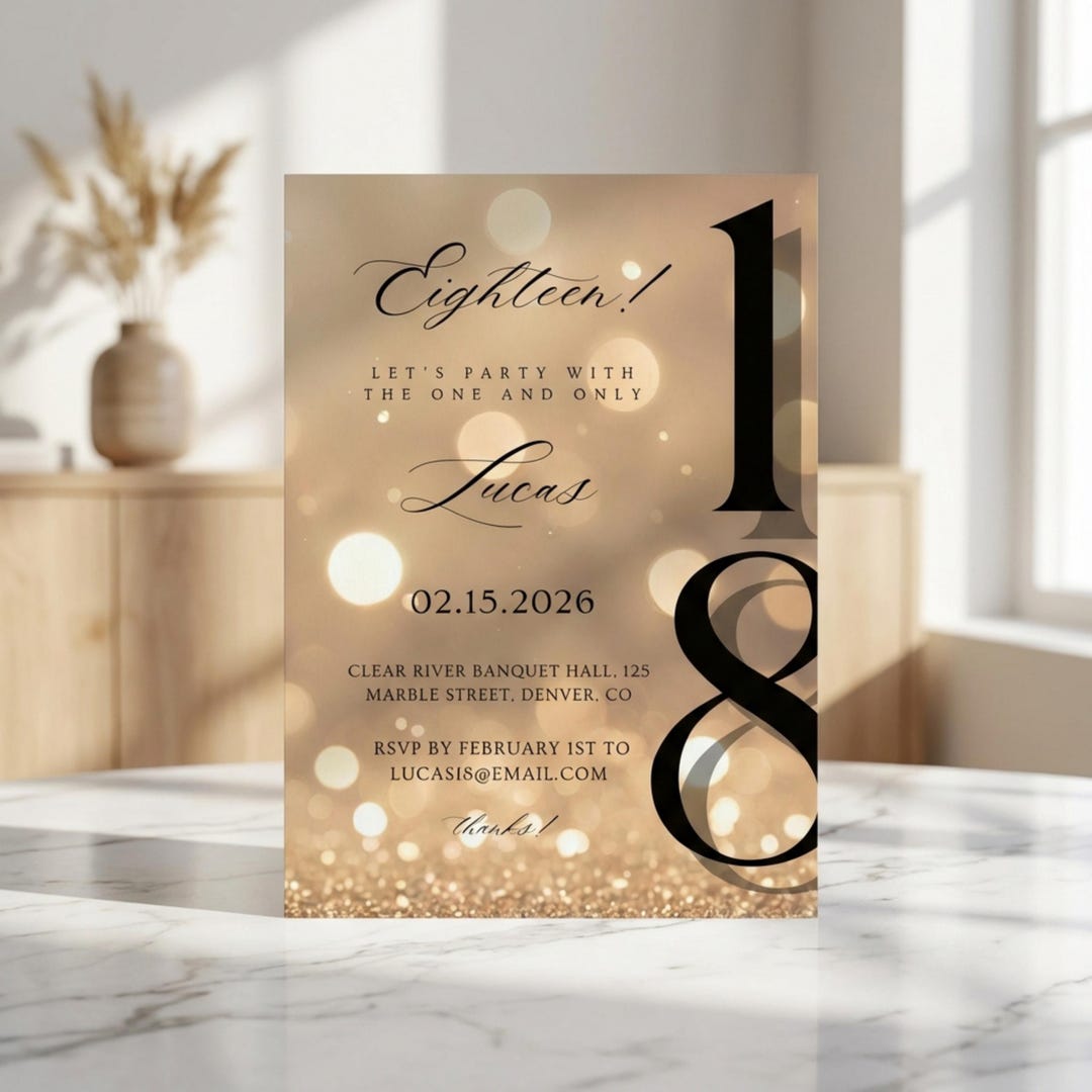 Golden 18th Birthday Invitation, Editable Elegant Glitter Party ...