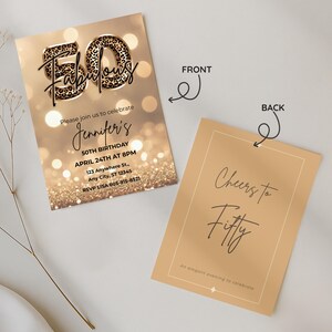 Elegant 50th birthday card with gold glitter background and leopard print and 50 text design. Canva template. Sparkle Party Printable