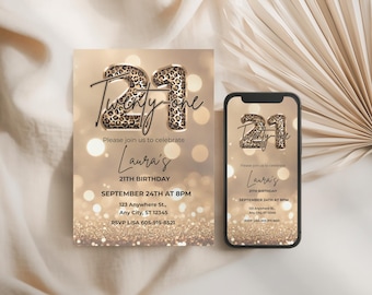 21TH Birthday Invitation Leopard Print Gold Glitter, Editable Cheetah Party Printable