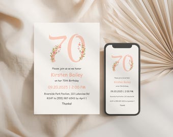 Floral 70th Birthday Invitation, editable Canva Template, Party Printable