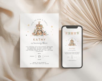 Boho Jungle Tiger Birthday Invitation Template, Safari Animal Party Printable, Digital invite