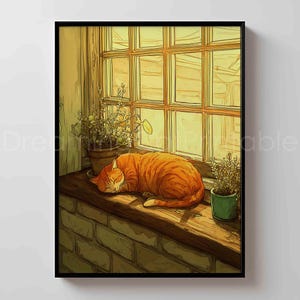 Sleeping Ginger Cat Art Print: Orange Tabby Home Decor (Digital Download)