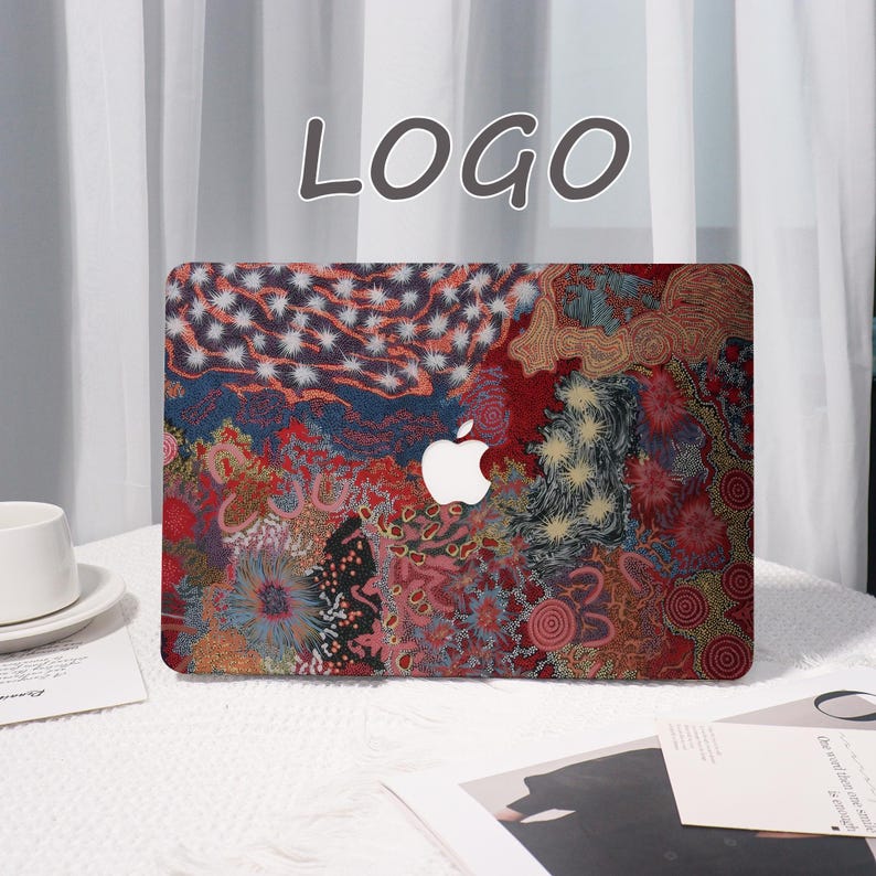 May include: A laptop case with a colorful abstract design featuring red, blue, and yellow patterns. The case has a white Apple logo and the word "LOGO" in gray at the top.