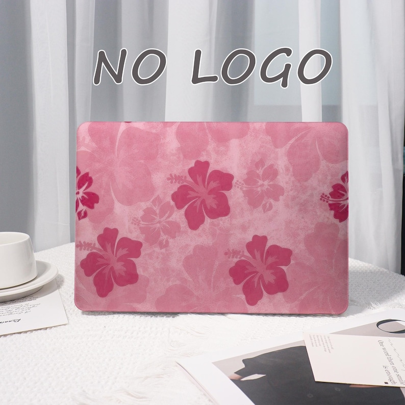 May include: A pink laptop case featuring a repeating floral pattern of hibiscus flowers in varying shades of pink. The case has a matte finish and is designed to protect a laptop. The words "NO LOGO" are printed on the top.