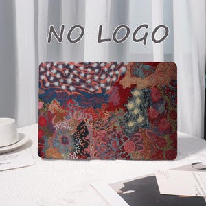 May include: A laptop case with a colorful, abstract design. The case features a mix of red, blue, and beige patterns, with the words "NO LOGO" in gray at the top. The design is intricate and eye-catching.