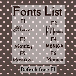 May include: A digital graphic displaying a "Fonts List" with various font styles for the name "Monica." The fonts are labeled F1 through F6, with the default font being F1. The background is a brown color with pink polka dots.