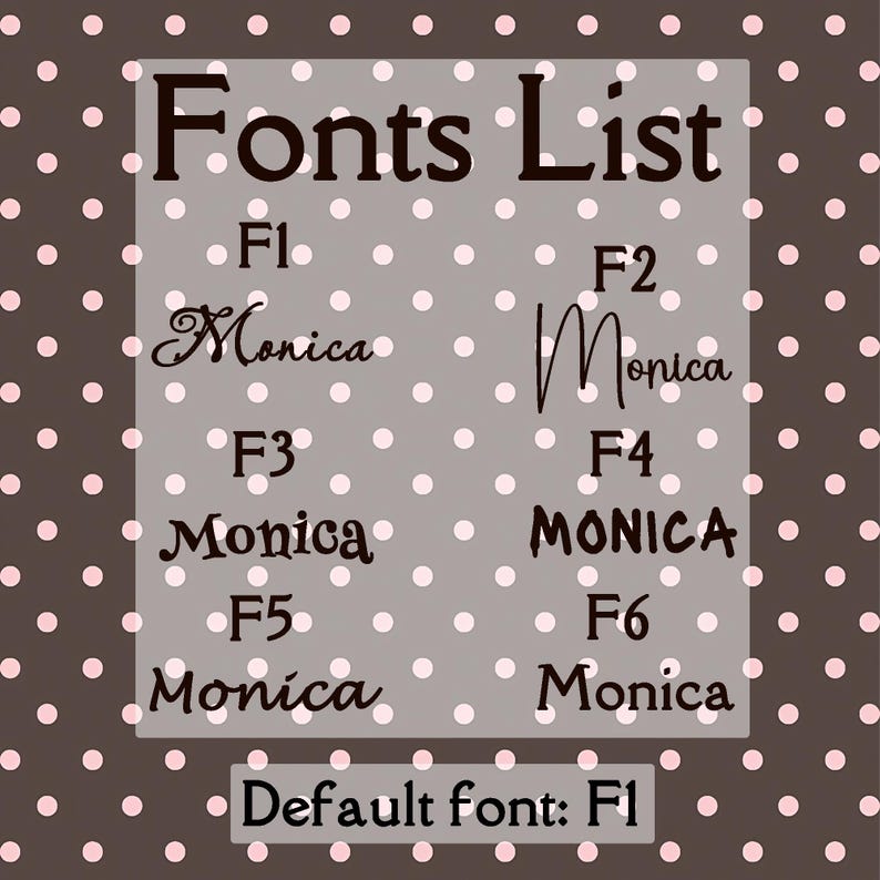 May include: A digital graphic displaying a "Fonts List" with various font styles for the name "Monica." The fonts are labeled F1 through F6, with the default font being F1. The background is a brown color with pink polka dots.