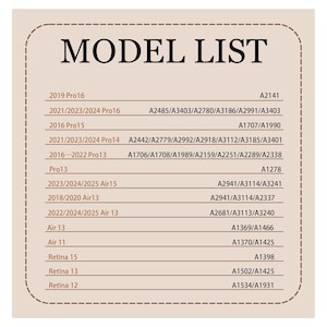 May include: A beige-colored Model List chart with a brown border. The chart lists various model names and corresponding alphanumeric codes, including "Pro16", "Pro15", "Pro14", "Pro13", "Air15", "Air13", "Air 11", "Retina 15", "Retina 13", and "Retina 12".