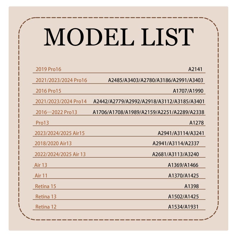 May include: A beige-colored Model List chart with a brown border. The chart lists various model names and corresponding alphanumeric codes, including "Pro16", "Pro15", "Pro14", "Pro13", "Air15", "Air13", "Air 11", "Retina 15", "Retina 13", and "Retina 12".