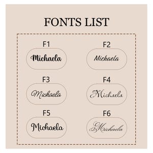 K&ouml;nnte beinhalten: Ein beigefarbenes Bild mit dem Text "FONTS LIST" oben. Darunter zeigen sechs Schriftbeispiele den Namen "Michaela" in verschiedenen Stilen, beschriftet mit F1 bis F6. Die Schriftarten variieren von fett bis elegant.