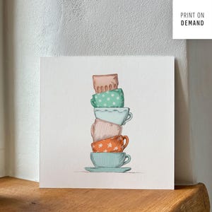 Wandbild Kaffeetassen gestapelt quadratisch, Illustration Galerietafel, Print on Demand Gallery Board 20 x 20 cm, Aquarell-Kunstkarton