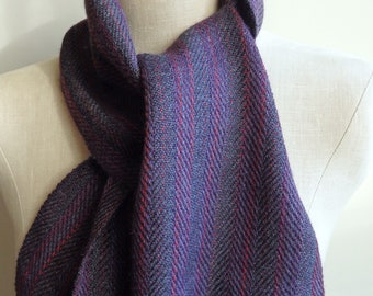 Handwoven Scarf Alpaca and Silk Herringbone Twill Stripes in Dark Charcoal Gray and Eggplant with Multicolor Violet -> Cranberry