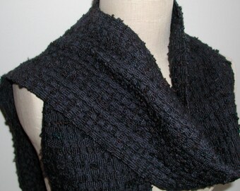 Handwoven Merino Wool and Silk Scarf with Handspun Wool and Silk Boucle Soft Chunky Texture Black and Blue Violet