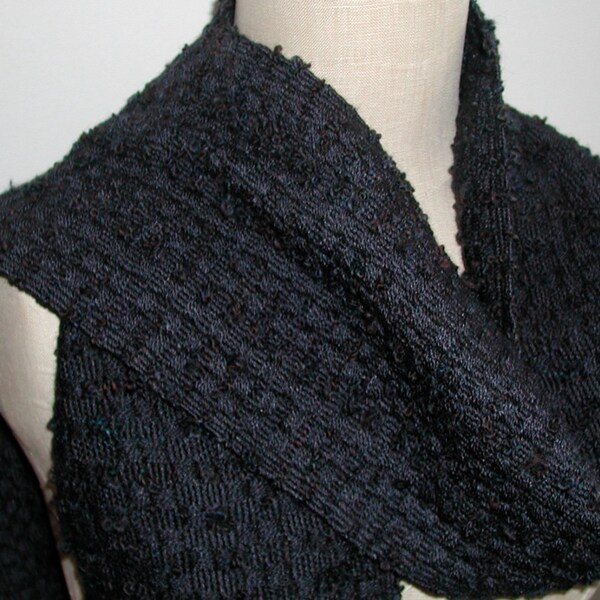 Handwoven Merino Wool and Silk Scarf with Handspun Wool and Silk Boucle Soft Chunky Texture Black and Blue Violet