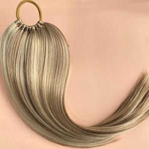 May include: A long, thick, blonde ponytail hair extension with a brown elastic band at the top.