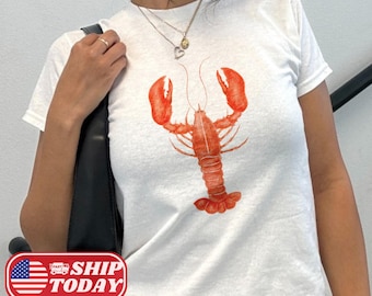 Camiseta estampada vintage lagosta Y2K para bebês, camiseta estética coquete, estilo náutico, pescador, presente para amantes de lagosta, camisa costeira francesa