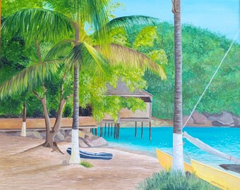 Antiqua, impressões giclée 11 x 14 de pintura a óleo original. Paisagem de praia tropical, palmeiras.