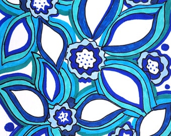 Blue Floral Giclee Print, Abstract Flower Wall Art