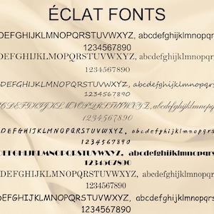Peut inclure: Un tableau typographique intitul&eacute; &Eacute;CLAT FONTS pr&eacute;sentant huit styles de police distincts &eacute;tiquet&eacute;s de F1 &agrave; F8. Chaque entr&eacute;e comprend l'alphabet complet en majuscules et minuscules suivi des chiffres de 0 &agrave; 9 en noir sur fond cr&egrave;me.