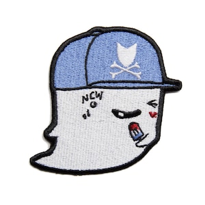 May include: Embroidered iron-on patch of a ghost wearing a blue baseball cap with a skull and crossbones design. The ghost has a red heart and the text "NCW" on its face.