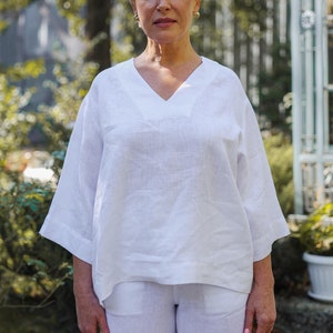 Leinen Top Frauen, Weiße Leinen Bluse, Leinen Tops mit V-Ausschnitt, Leinen T-Shirt Frauen, Weißes Leinen Top mit 3/4 Ärmeln, weißes Leinenhemd Frauen