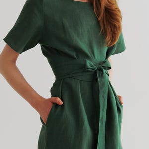 Forest green dress for woman, midi linen dress, formal elegant dress, natural linen dress, green bridesmaid dress long, cocktail dress midi