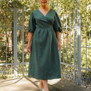 Linen dress for women, wrap linen dress with puffed sleeves, green linen bridesmaid dress, maxi dresses for women, linen wedding guess dress