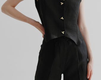 Handmade Black Linen Set: Women's V-Neck Waistcoat & Pants