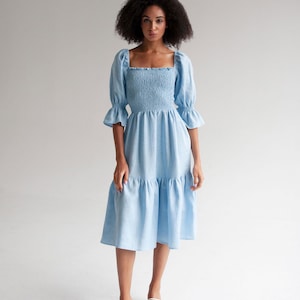 Himmelblaues Leinenkleid lang, pastellfarbenes Midikleid, Puffärmelkleid Leinen,Hellblaues Kleid,Brautjungferkleid, Leinenkleid,blaues Sommerkleid, Leinenkleid