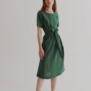 Forest green dress for woman, midi linen dress, formal elegant dress, natural linen dress, green bridesmaid dress long, cocktail dress midi
