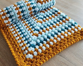 Crochet Baby Blanket, in Colors of Teal, Duckegg - White, and a Mustard Mixture ,Granny Square Design - Baby Gift - Handmade