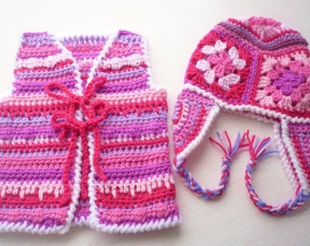 Baby Cardigan - Waistcoat - Matching hat to fit 3-9 Months baby girl - Baby Present.