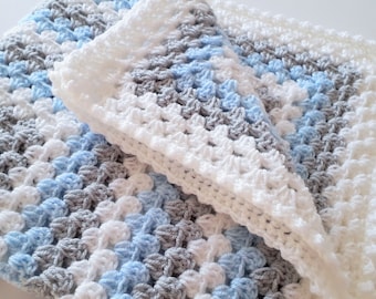 Crochet Baby blanket - Crocheted in a Granny square design - Handmade - Colors are Blue White and Grey - Baby Present