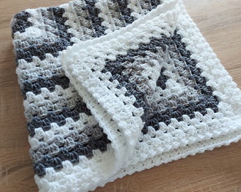 Crochet Baby blanket - Handmade - Crocheted in a Granny square design - Colors are White and Grey - Baby Present