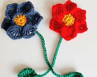 Flower Bookmarks x 2 Crochet - Crafts Cotton - Red and Slate Blue - Mothers Day -  gift - Bookmarks