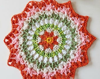 Mandala - Table Mat - Center Piece - Doily - Cotton - Crochet - Orange and Green Mixture