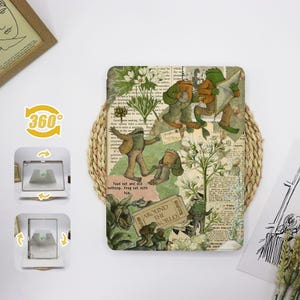 Pode incluir: Uma colagem verde, marrom e branca com sapos, flores e texto. O texto diz "Toad sat and did nothing. Frog sat with him." e "Around the World".