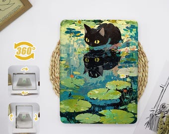 May include: A black cat with yellow eyes is floating on its back in a pond with lily pads. The cat's reflection is visible in the water. The pond is surrounded by green lily pads and flowers.