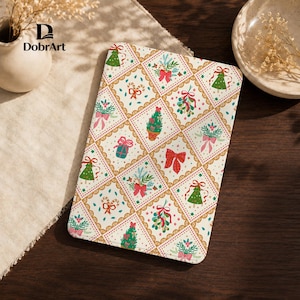 May include: A rectangular tablet case featuring a white background with a repeating diamond pattern. Each diamond contains festive illustrations of green Christmas trees, red bows, candy canes, and mistletoe with pink ribbons.