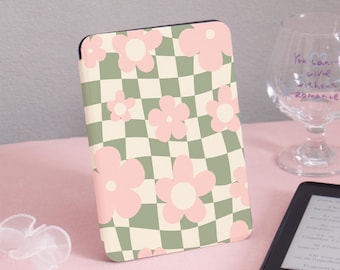 Bloemen groen geruit Kindle-hoesje Kindle Gen11 6 inch 2019/2024, PaperWhite 6,8'' omslag 5/7 2013, doorzichtige achterkant, gepersonaliseerd cadeau voor haar
