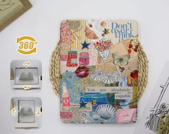 May include: A colorful iPad case with a collage of images, including a butterfly, a seashell, a star, and a bottle of soda. The text "Don't overthink it" and "You are absolutely capable" is printed on the case.