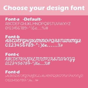 K&ouml;nnte beinhalten: Ein rosa Grafik mit dem Text "W&auml;hlen Sie Ihre Designschriftart" in Wei&szlig;. Darunter werden vier Schriftoptionen angezeigt, jede mit einem Beispielalphabet, Zahlen und Symbolen. Schriftart-a ist die Standardeinstellung.