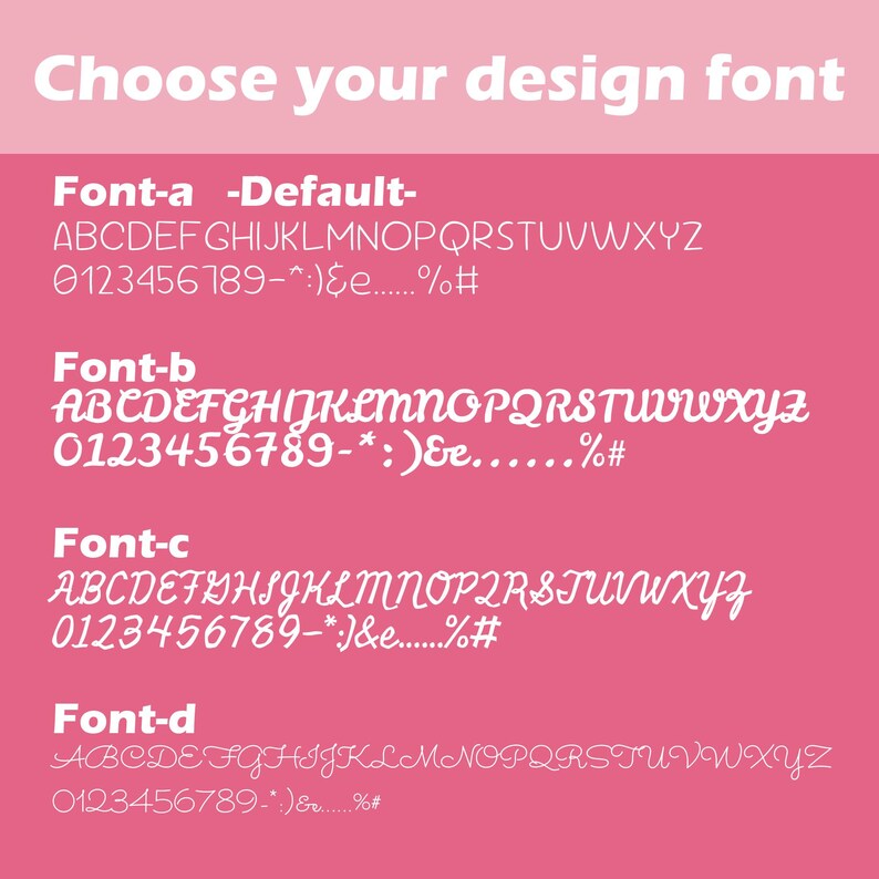 K&ouml;nnte beinhalten: Ein rosa Grafik mit dem Text "W&auml;hlen Sie Ihre Designschriftart" in Wei&szlig;. Darunter werden vier Schriftoptionen angezeigt, jede mit einem Beispielalphabet, Zahlen und Symbolen. Schriftart-a ist die Standardeinstellung.