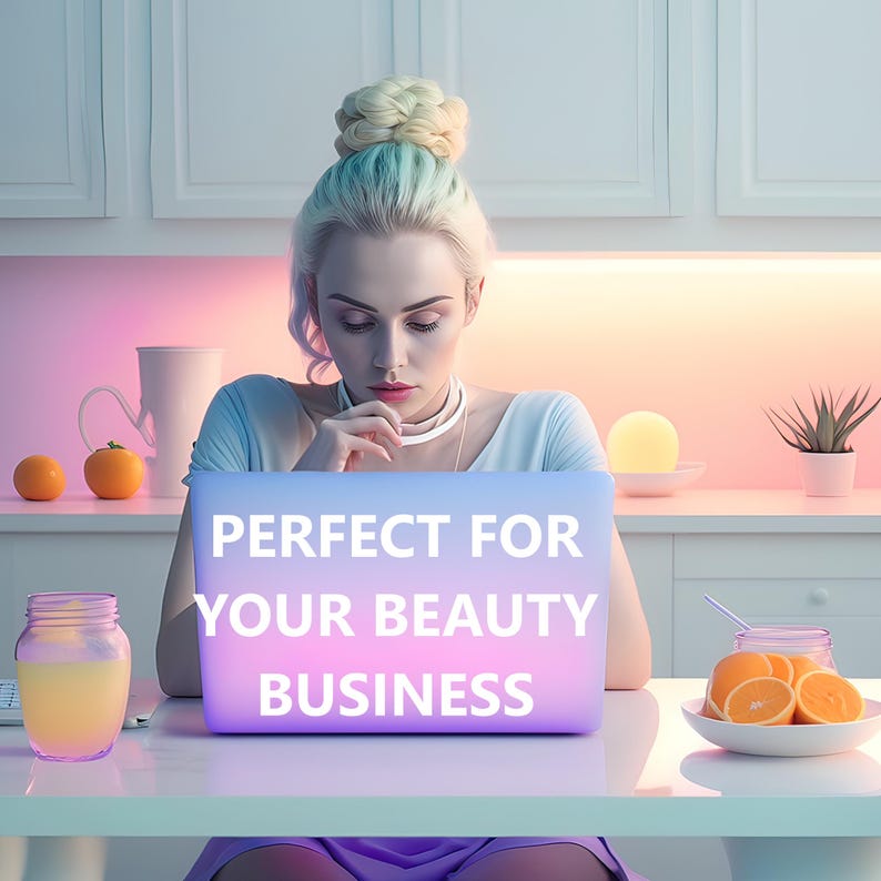 May include: A woman with blonde hair in a bun sits at a table with a laptop. The laptop screen displays the text "PERFECT FOR YOUR BEAUTY BUSINESS".