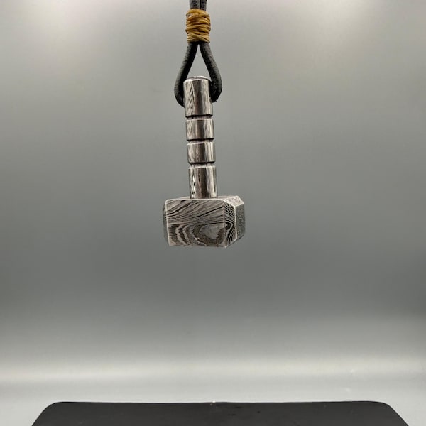 Handmade Damascus Steel Thor Hammer Necklace, EDC Keychain