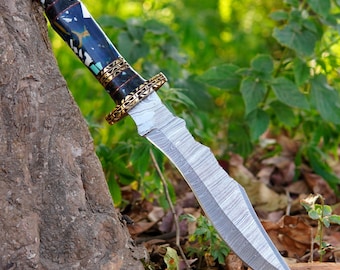 Handmade Damascus Bowie Knife | Turquoise Mosaic Black Resin Handle | Brass Guard | Hunting Collector Gift For Him | Unique Knife Gift