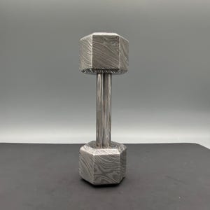 May include: A silver dumbbell with a unique patterned design. The dumbbell has a hexagonal shape on each end, connected by a cylindrical handle. The surface has a textured, swirling pattern.