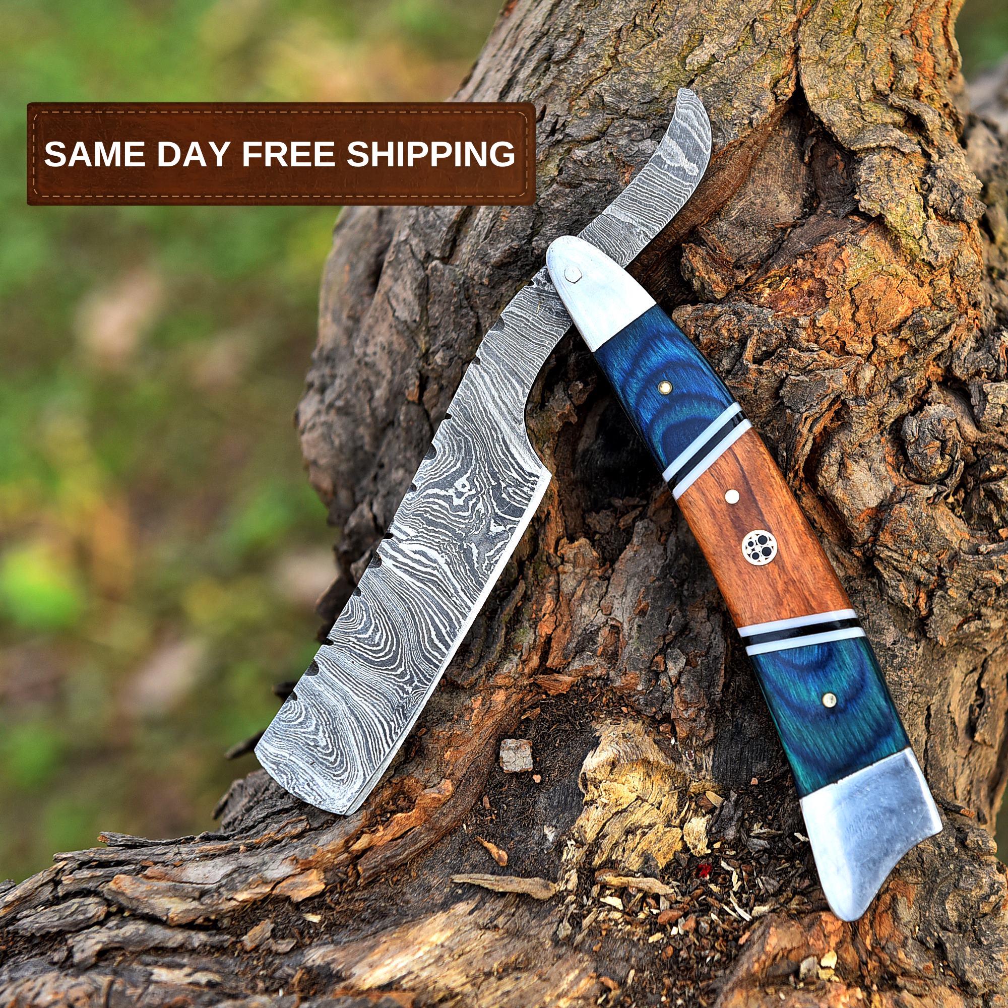 Handmade Damascus Steel Straight Razor, Blue Pakka Wood Handle