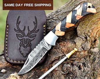 Navaja plegable de Damasco hecha a mano, mango de madera de olivo, regalo para hombre