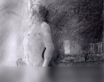 GET THE LIGHT...Nude Male, drawing, by the Artist Esteban 12 X 19 graphite, ltd print